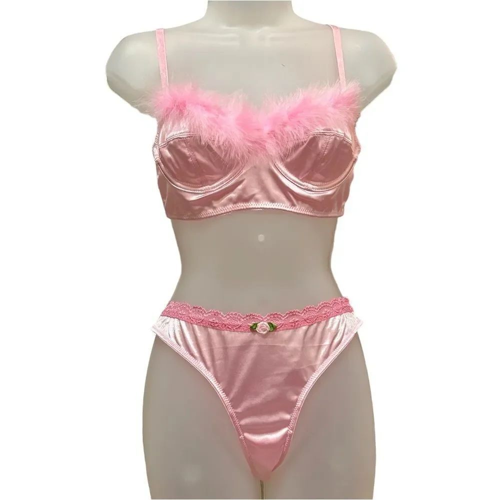 Pink Lace Trim Feather Baby Barbiecore Satiny Sexy Lingerie Bralette Panty Set